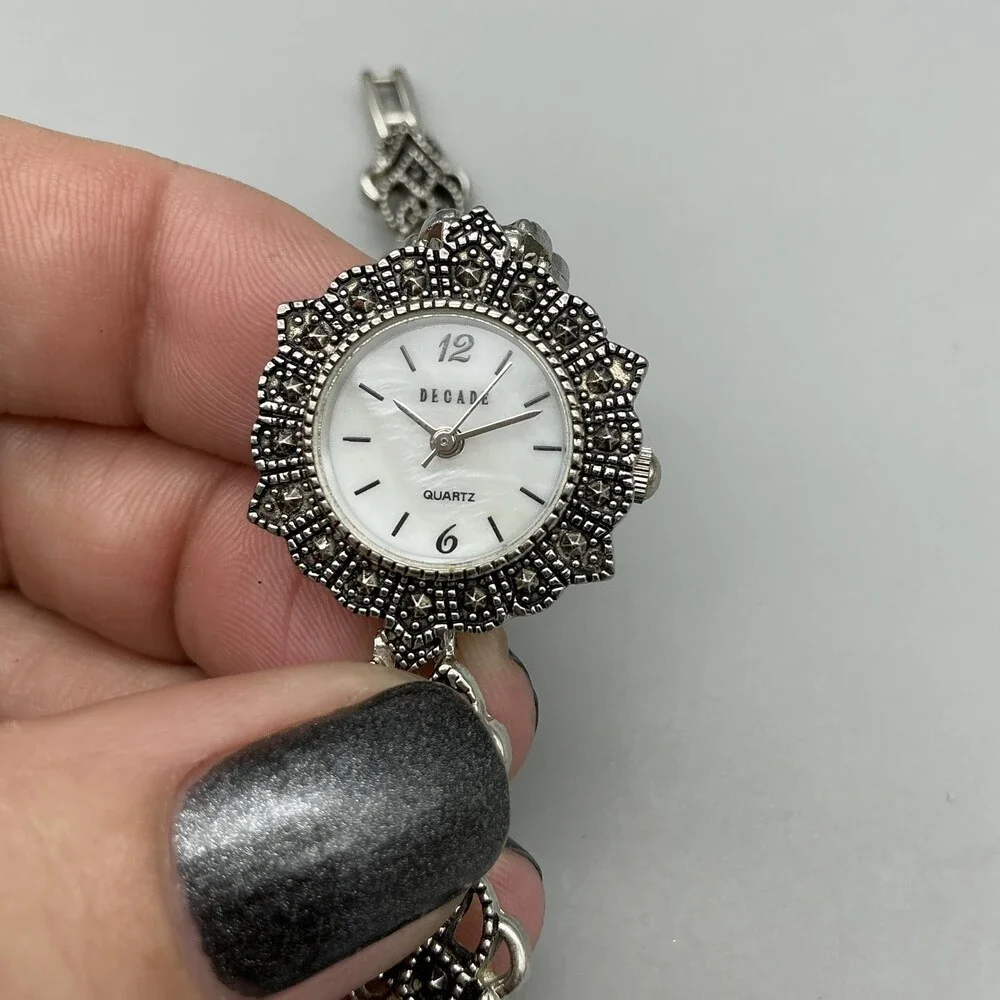 Decade 23785 Womens Dress Watch 23mm MOP Silver Tone Marcasite New Battery 7